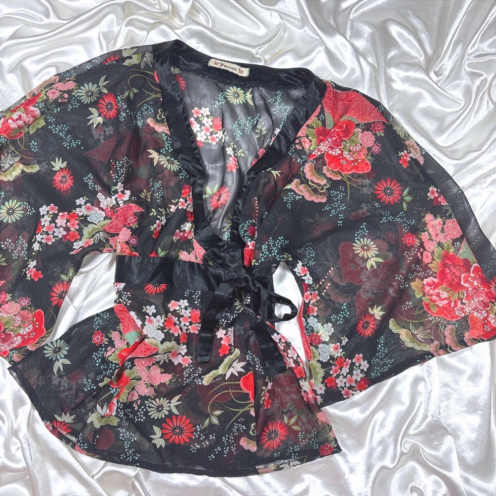 Vintage Kimono Wrap Top Black Floral Sheer Mesh Excellent Y2K Satin Trim